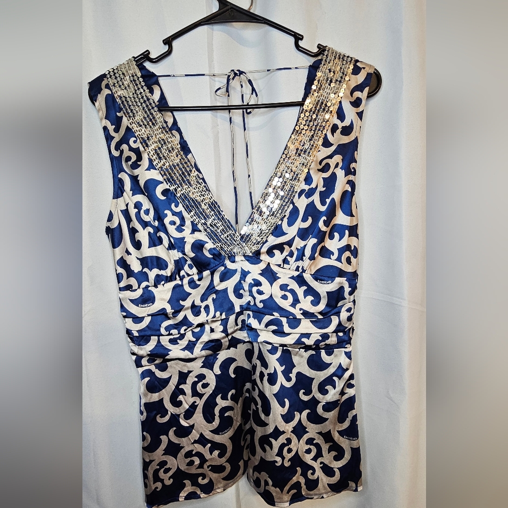 Bebe Blue and White Patterned Blouse - Picture 3 of 8